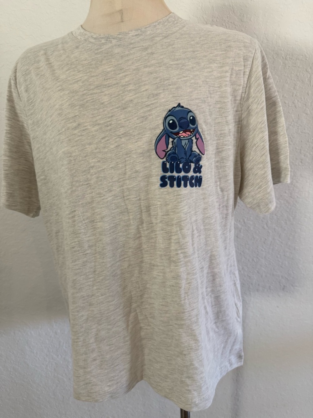 New women’s Sz S, M Disney Lilo & Stitch Light Gray Tee with Blue Graphic